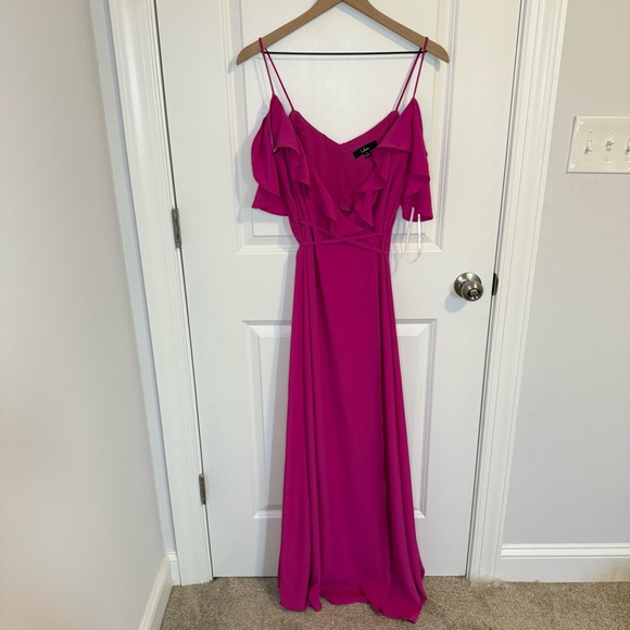 Lulus Sunny Perfection Magenta Ruffled Off-the-Shoulder Wrap Dress Women Size Sm - Picture 4 of 7